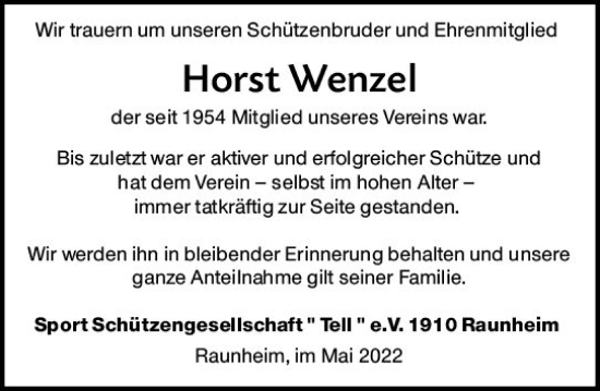 Traueranzeige von Horst Wenzel von vrm-trauer Rüsselsheimer Echo / MainSpitze