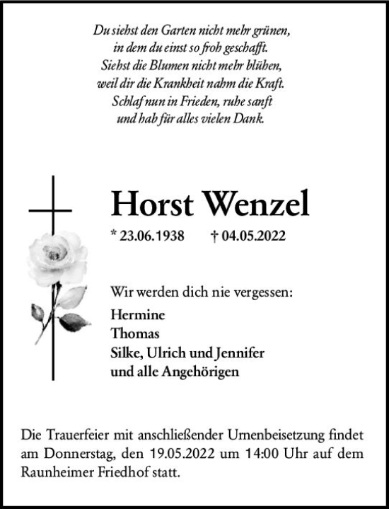 Traueranzeige von Horst Wenzel von vrm-trauer Rüsselsheimer Echo / MainSpitze