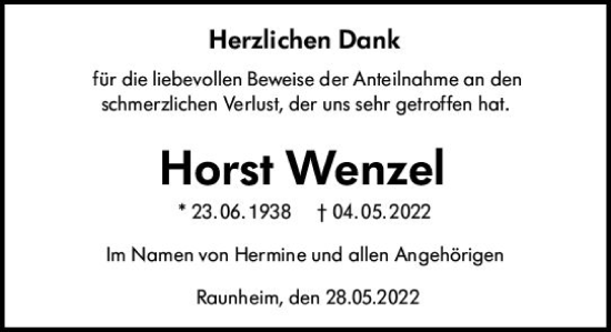 Traueranzeige von Horst Wenzel von vrm-trauer Rüsselsheimer Echo / MainSpitze