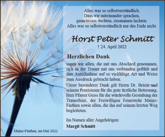 Traueranzeige von Horst Peter Schmitt von vrm-trauer AZ Mainz