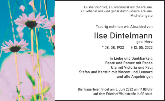 Traueranzeige von Ilse Dintelmann von vrm-trauer Groß-Gerauer Echo
