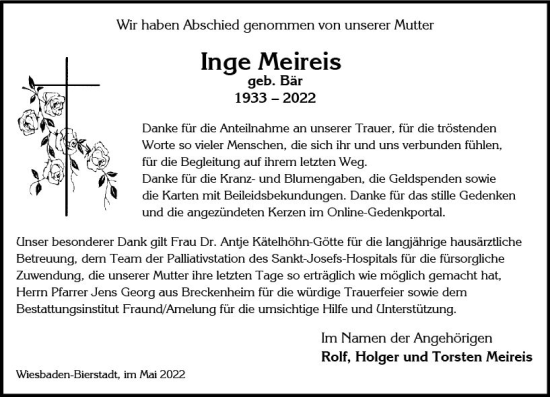 Traueranzeige von Inge Meireis von vrm-trauer Wiesbadener Kurier