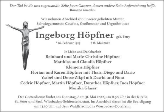 Traueranzeige von Ingeborg Höpfner von vrm-trauer Wiesbadener Kurier