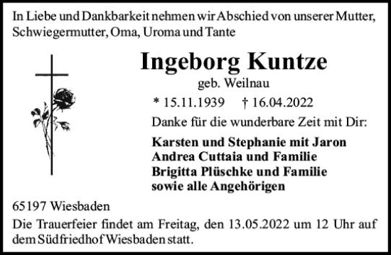 Traueranzeige von Ingeborg Kuntze von vrm-trauer Wiesbadener Kurier