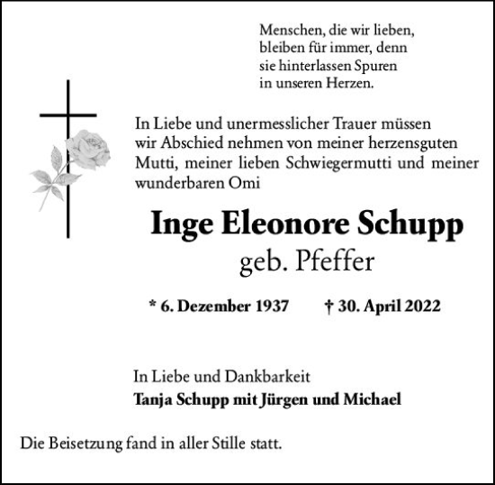 Traueranzeige von Inge Eleonore Schupp von vrm-trauer Darmstädter Echo