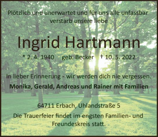 Traueranzeige von Ingrid Hartmann von vrm-trauer Odenwälder Echo