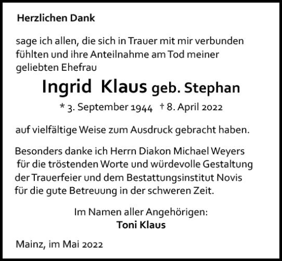 Traueranzeige von Ingrid Klaus von vrm-trauer AZ Mainz