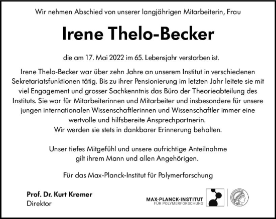 Traueranzeige von Irene Thelo-Becker von vrm-trauer AZ Mainz