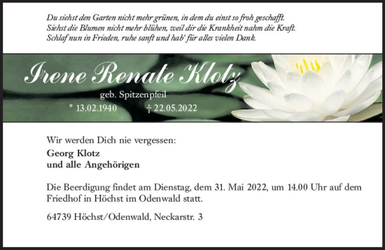 Traueranzeige von Irene Renate Klotz von vrm-trauer Odenwälder Echo