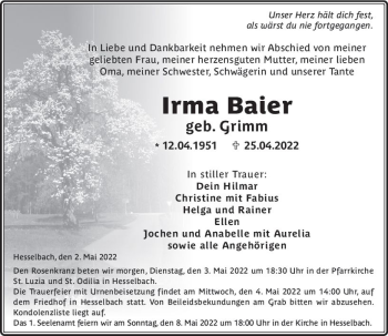 Traueranzeige von Irma Baier von vrm-trauer Odenwälder Echo