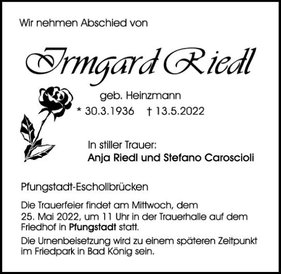Traueranzeige von Irmgard Riedl von vrm-trauer Darmstädter Echo