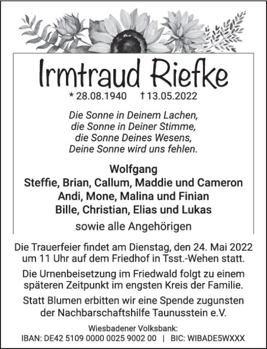 Traueranzeige von Irmtraud Riefke von vrm-trauer Wiesbadener Kurier