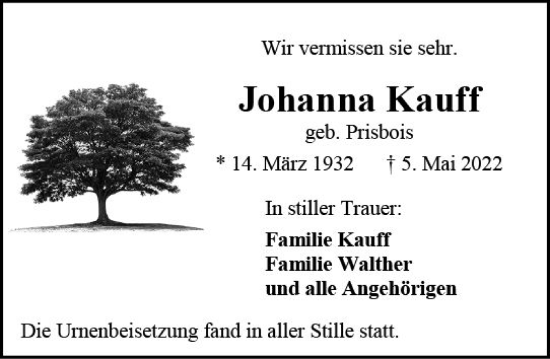 Traueranzeige von Johanna Kauff von vrm-trauer AZ Mainz
