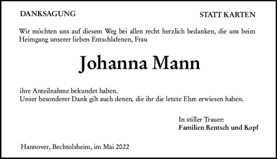 Traueranzeige von Johanna Mann von vrm-trauer Allgemeine Zeitung Alzey