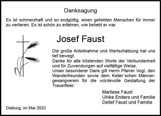 Traueranzeige von Josef Faust von vrm-trauer DieburgerAnzeiger/Groß-Zimmerner Lokala