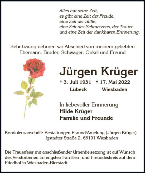 Traueranzeige von Jürgen Krüger von vrm-trauer Wiesbadener Kurier
