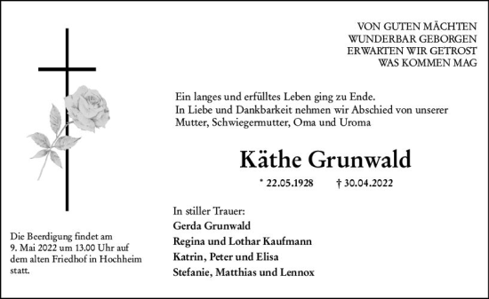 Traueranzeige von Käthe Grunwald von vrm-trauer Hochheimer Zeitung