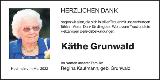 Traueranzeige von Käthe Grunwald von vrm-trauer Hochheimer Zeitung