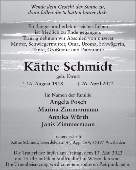 Traueranzeige von Käthe Schmidt von vrm-trauer Wiesbadener Kurier