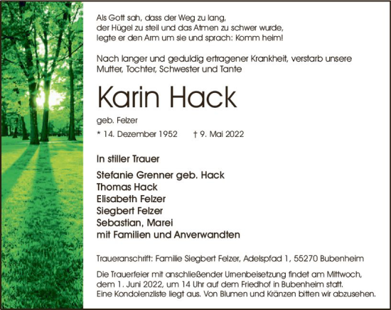 Traueranzeige von Karin Hack von vrm-trauer Allgemeine  Zeitung Ingelheim-Bingen