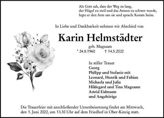 Traueranzeige von Karin Heimstädter von vrm-trauer Odenwälder Echo