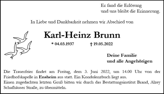 Traueranzeige von Karl-Heinz Brunn von vrm-trauer Allgemeine Zeitung Alzey