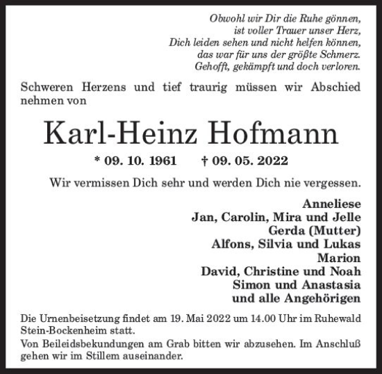 Traueranzeige von Karl-Heinz Hofmann von vrm-trauer Allg. Zeitung Bad Kreuznach