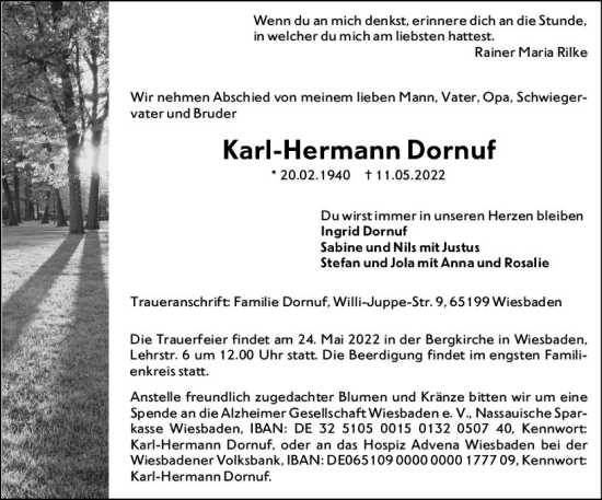 Traueranzeige von Karl-Hermann Dornuf von vrm-trauer Wiesbadener Kurier