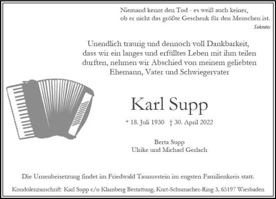 Traueranzeige von Karl Supp von vrm-trauer Wiesbadener Kurier