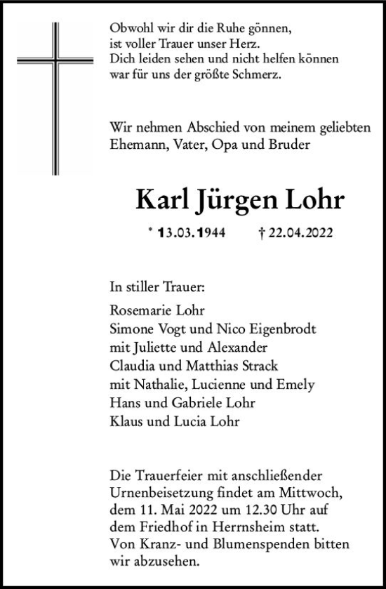 Traueranzeige von Karl Jürgen Lohr von vrm-trauer Wormser Zeitung