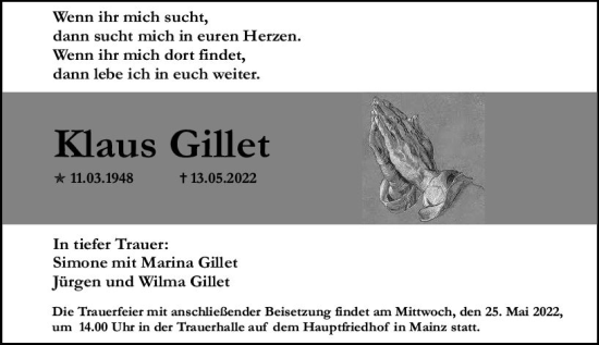 Traueranzeige von Klaus Gillet von vrm-trauer AZ Mainz
