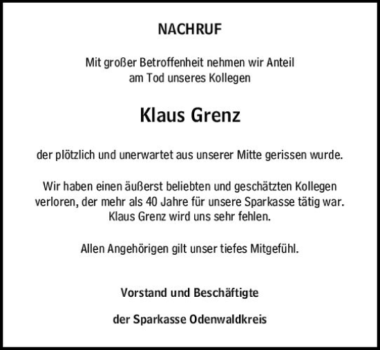 Traueranzeige von Klaus Grenz von vrm-trauer Odenwälder Echo