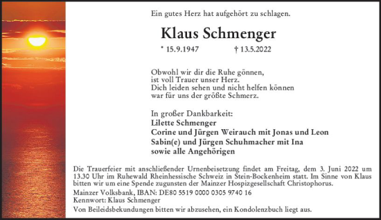 Traueranzeige von Klaus Schmenger von vrm-trauer AZ Mainz