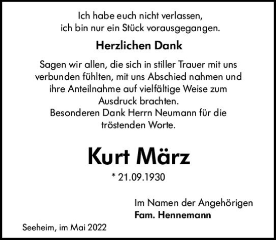 Traueranzeige von Kurt März von vrm-trauer Darmstädter Echo