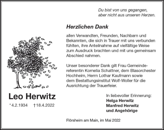 Traueranzeige von Leo Herwitz von vrm-trauer Rüsselsheimer Echo / MainSpitze