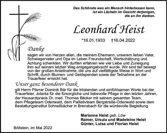 Traueranzeige von Leonhard Heist von vrm-trauer Odenwälder Echo