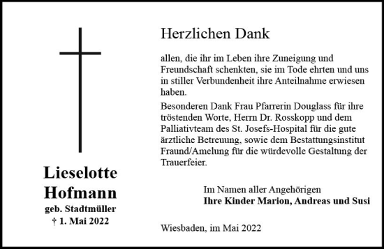 Traueranzeige von Lieselotte Hofmann von vrm-trauer Wiesbadener Kurier