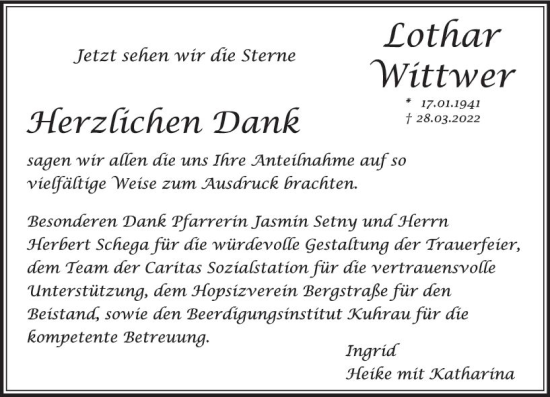 Traueranzeige von Lothar Wittwer von vrm-trauer Bergsträßer Anzeiger