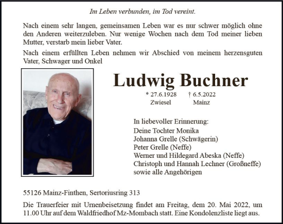 Traueranzeige von Ludwig Buchner von vrm-trauer AZ Mainz