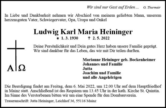 Traueranzeige von Ludwig Karl Maria Heininger von vrm-trauer AZ Mainz