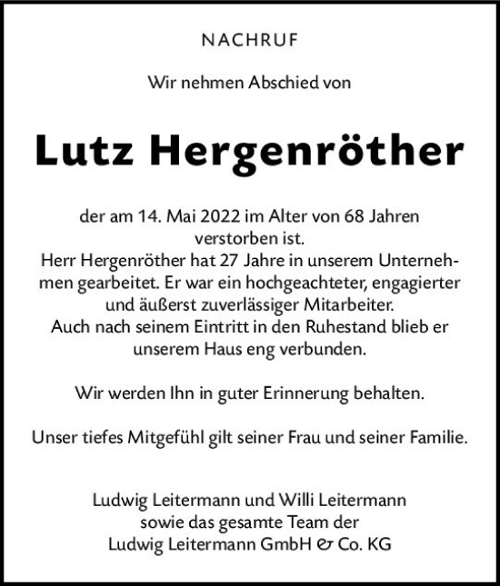 Traueranzeige von Lutz Hergenröther von vrm-trauer Odenwälder Echo