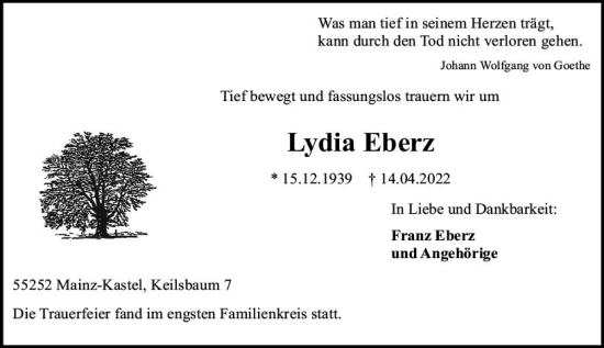 Traueranzeige von Lydia Eberz von vrm-trauer AZ Mainz