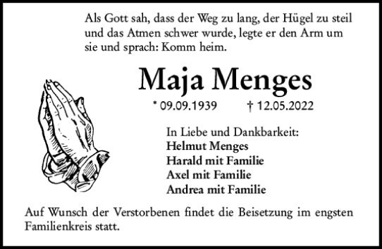 Traueranzeige von Maja Menges von vrm-trauer Odenwälder Echo