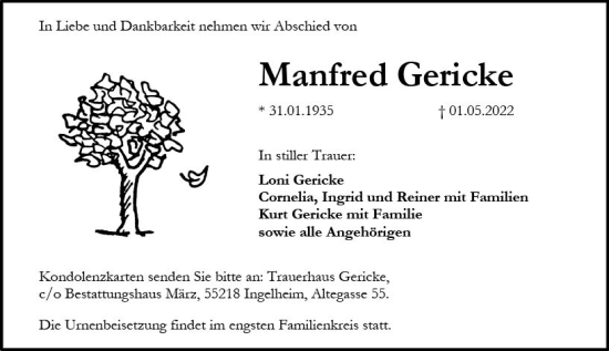 Traueranzeige von Manfred Gericke von vrm-trauer Allgemeine  Zeitung Ingelheim-Bingen