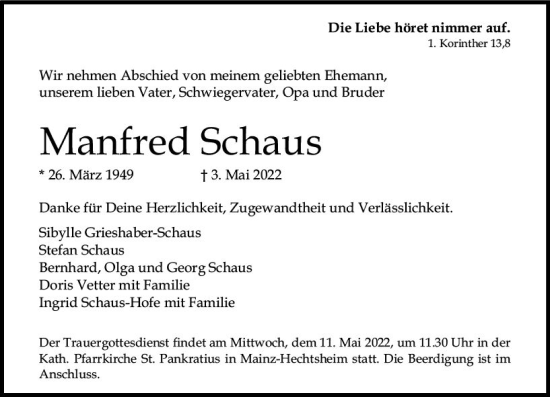 Traueranzeige von Manfred Schaus von vrm-trauer AZ Mainz