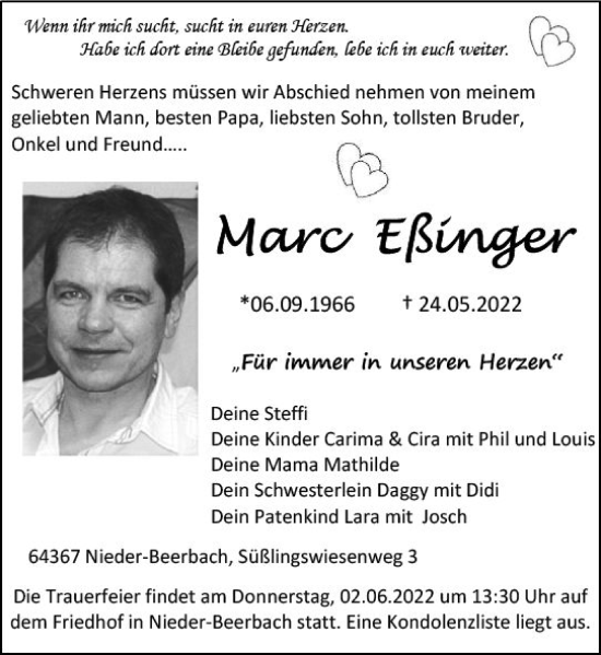 Traueranzeige von Marc Eßinger von vrm-trauer Darmstädter Echo