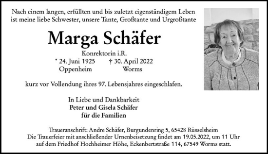 Traueranzeige von Marga Schäfer von vrm-trauer Wormser Zeitung