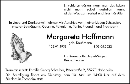 Traueranzeige von Margareta Hoffmann von vrm-trauer AZ Mainz