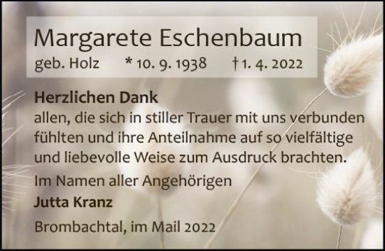 Traueranzeige von Margarete Eschenbaum von vrm-trauer Odenwälder Echo