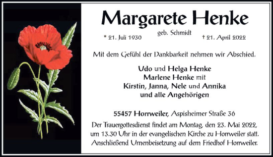 Traueranzeige von Margarete Henke von vrm-trauer Allgemeine  Zeitung Ingelheim-Bingen